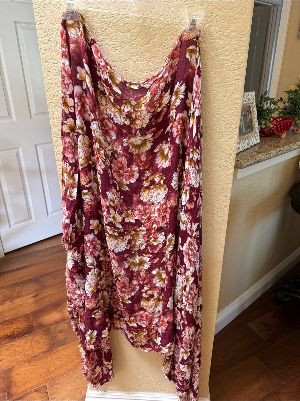 Floral Burgundy Womens Dress - Lightweight Draped Midi